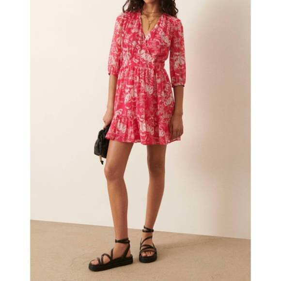 NWT ba&sh Ulia Wrap Summer Mini Dress Rose Pink Print Size 8 Large - Picture 13 of 13